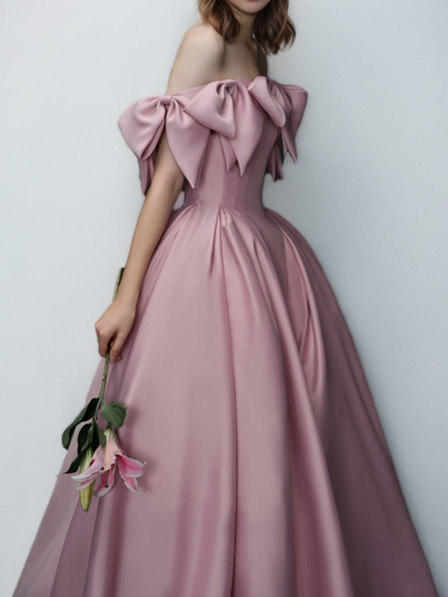 Ball Gown Off-the-shoulder Floor-Length Pleated Formal Dresses with Bows