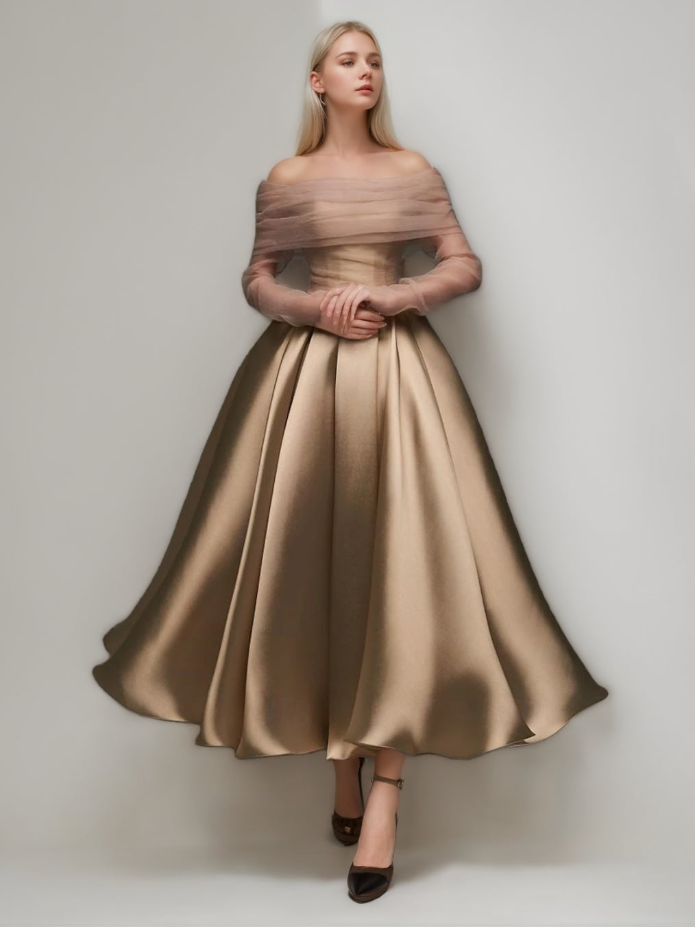 A-Line/Princess Off-the-Shoulder Sleeveless Ankle-Length Cocktail Dresses with Lace-up & Detachable Shawl