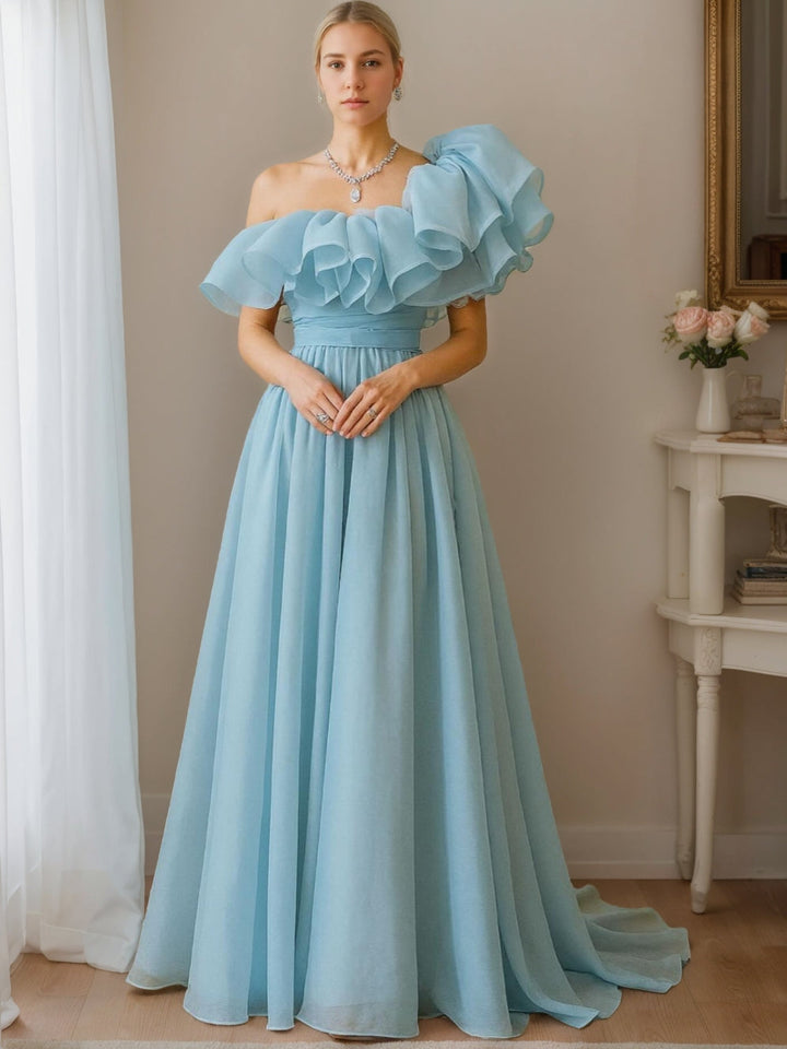 A-Line/Princess One-Shoulder Short Sleeves Floor-Length Pleated Formal Dresses with Sash & Ruffles