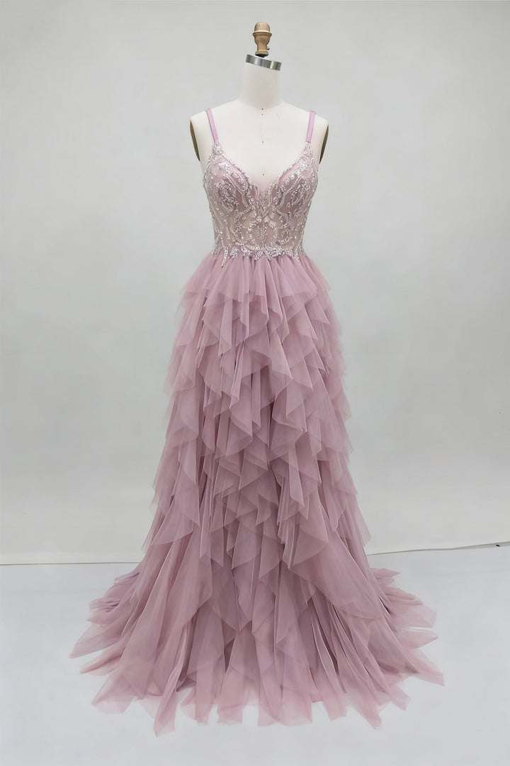 Sheath/Column V-Neck Formal Dresses Lace Sleeveless Sweep Train with Appliques