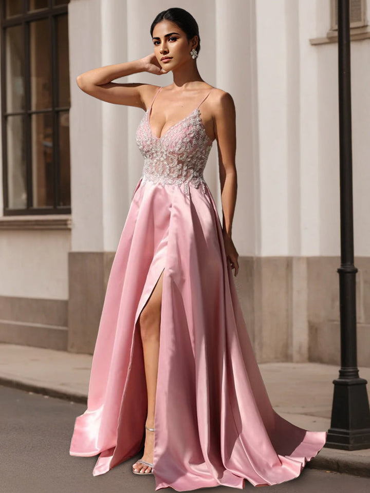 A-Line/Princess V-Neck Spaghetti Straps Formal Dresses Satin Lace Sweep Train With Split Side