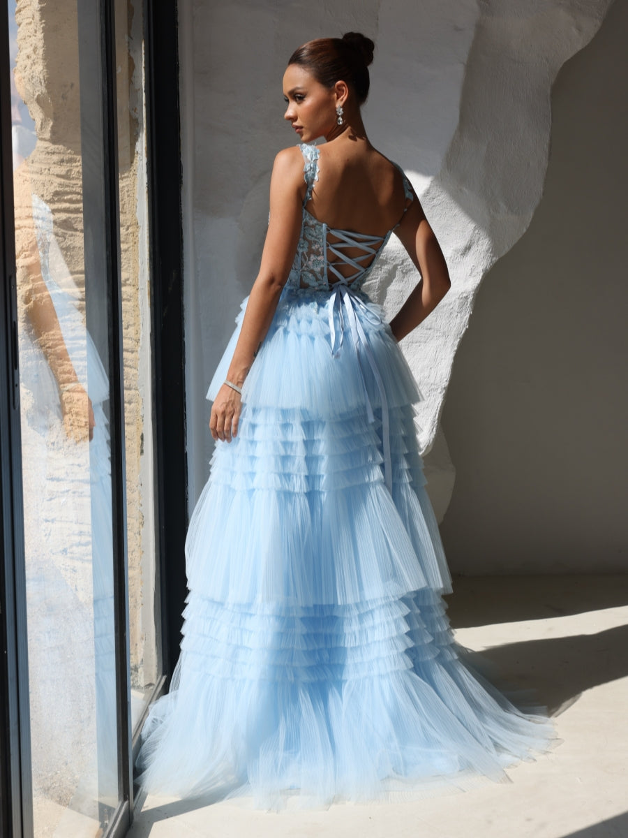 A-Line/Princess Strapless Formal Dresses Floor-Length Tulle Lace Formal Evening Dresses