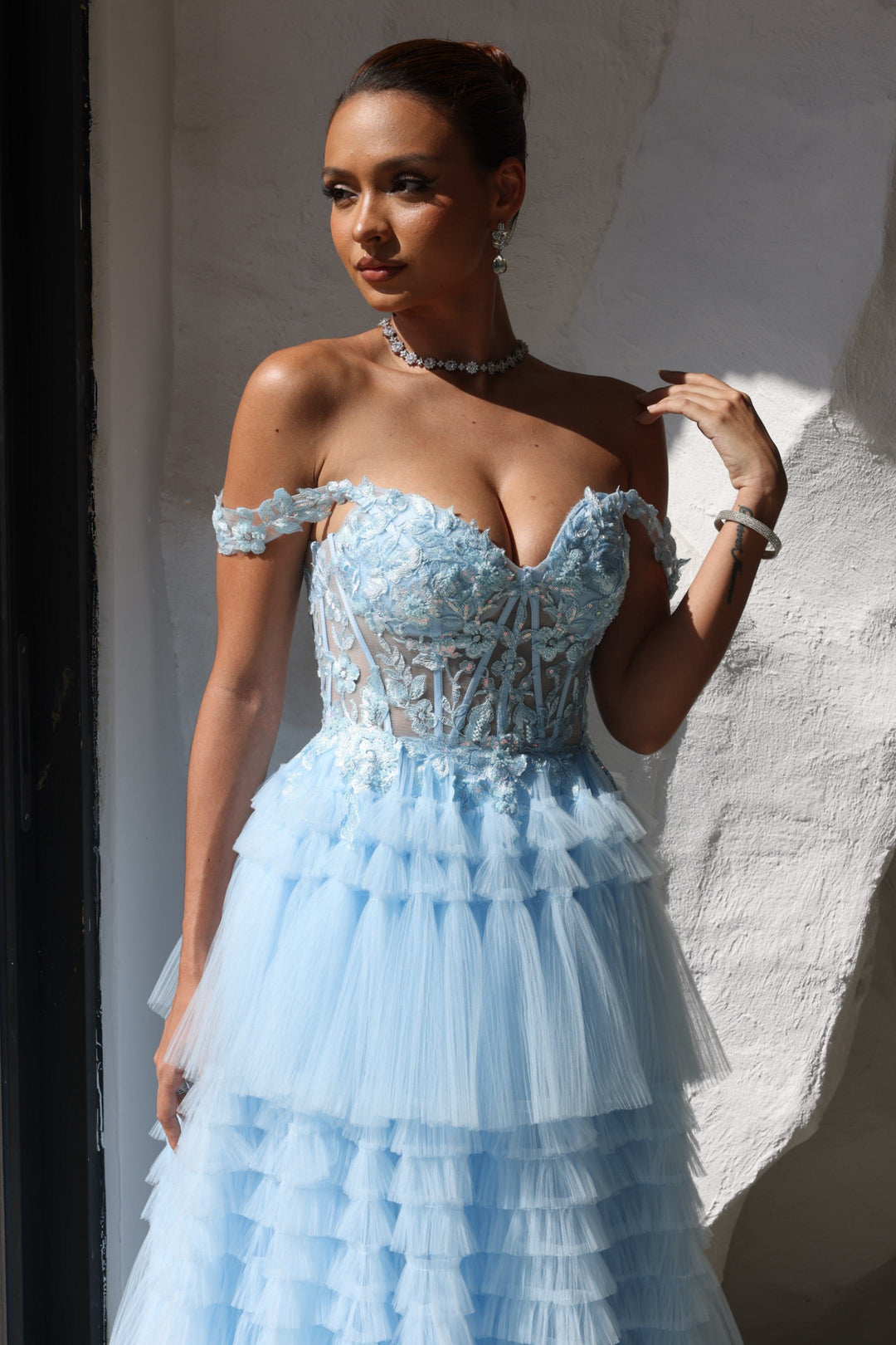 A-Line/Princess Strapless Formal Dresses Floor-Length Tulle Lace Formal Evening Dresses