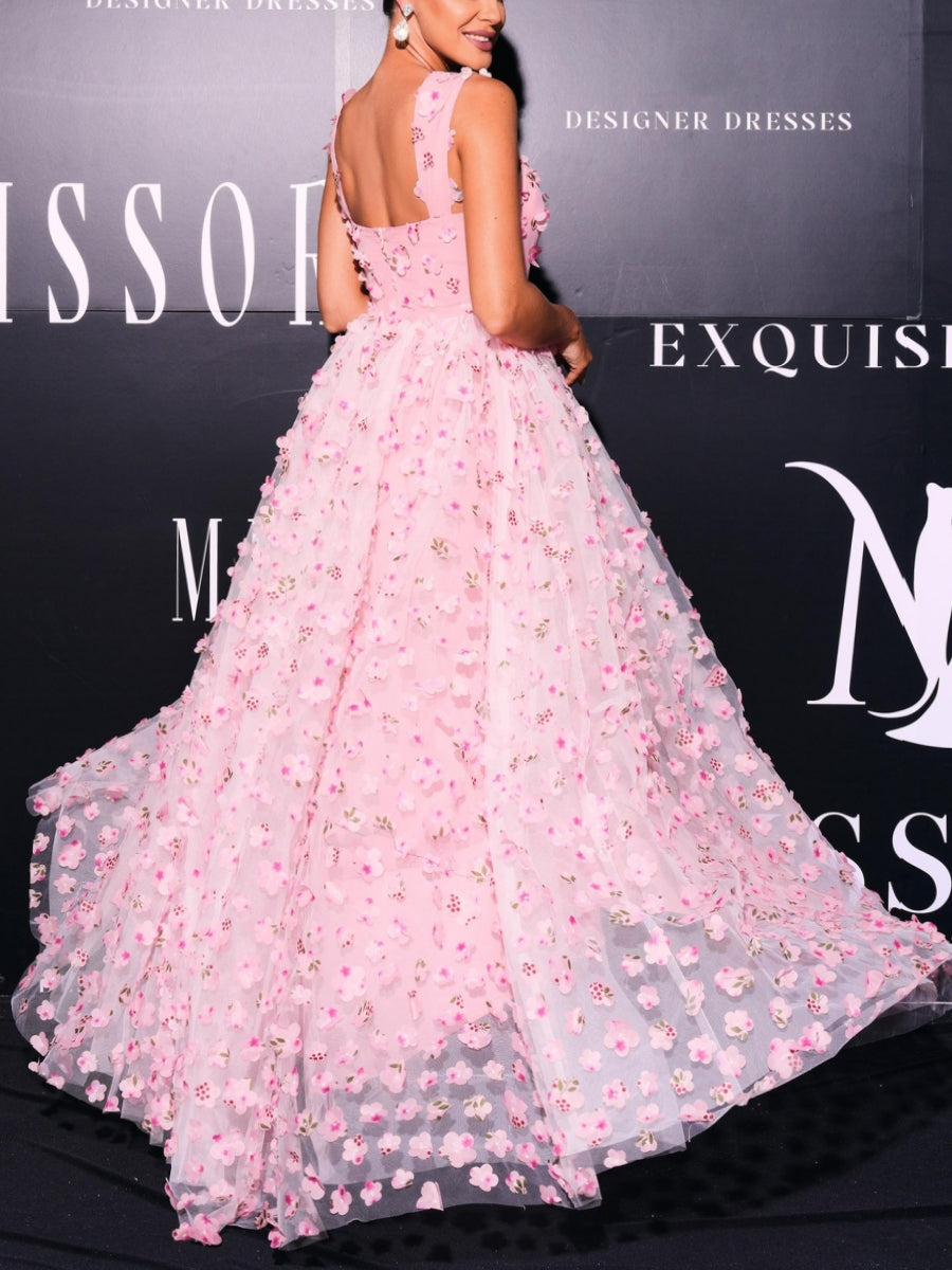 A-Line/Princess Square Collar Formal Dresses Tulle Flower Floor-Length Formal Dresses With Split Side