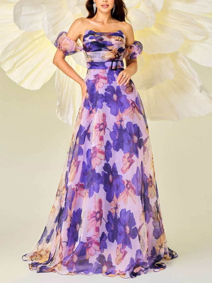 A-Line/Princess Strapless Formal Dresses Floral Chiffon Floor-Length Sleeveless Formal Dresses