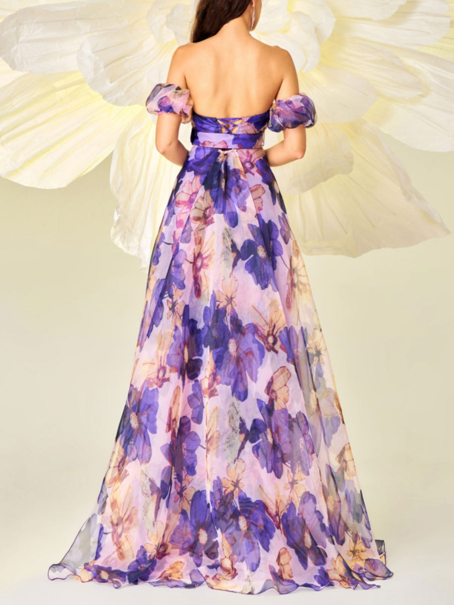 A-Line/Princess Strapless Formal Dresses Floral Chiffon Floor-Length Sleeveless Formal Dresses