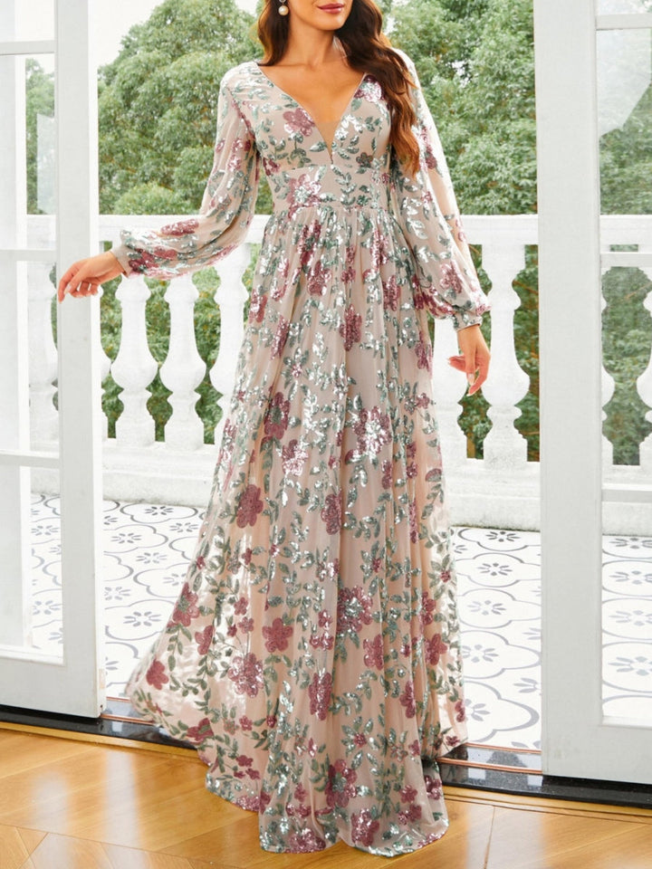 A-Line/Princess V-Neck Formal Dresses Floral Sequins Floor-Length Long Sleeves Deep V-Back Formal Dresses