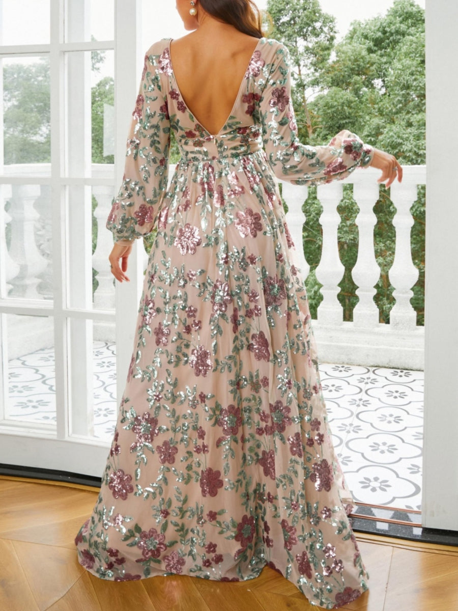 A-Line/Princess V-Neck Formal Dresses Floral Sequins Floor-Length Long Sleeves Deep V-Back Formal Dresses