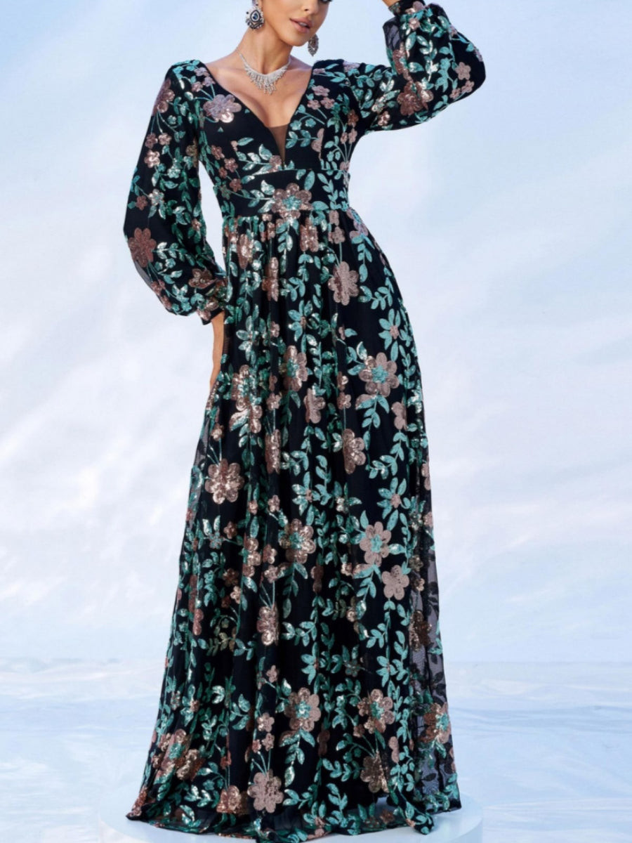 A-Line/Princess V-Neck Formal Dresses Floral Sequins Floor-Length Long Sleeves Deep V-Back Formal Dresses