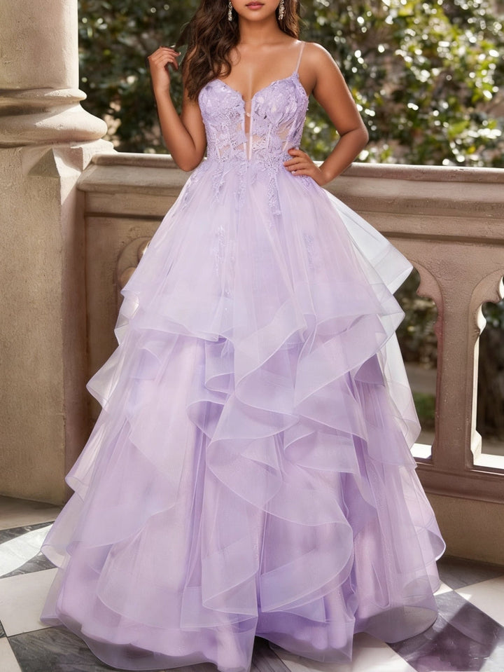 A-Line/Princess Sweetheart Tulle Formal Dresses Floor-Length Ruffles Formal Dresses Lace Spaghetti Straps