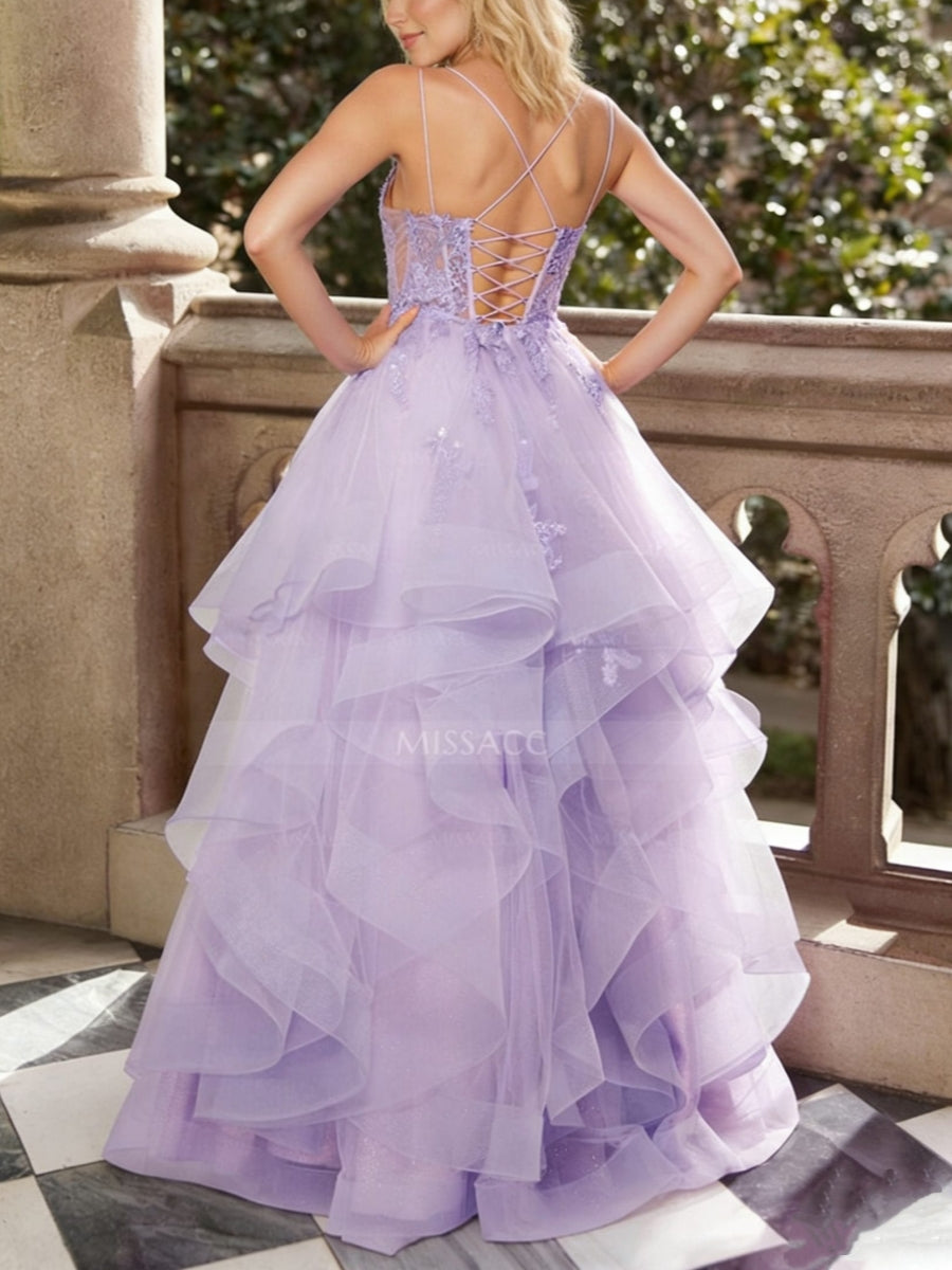 A-Line/Princess Sweetheart Tulle Formal Dresses Floor-Length Ruffles Formal Dresses Lace Spaghetti Straps