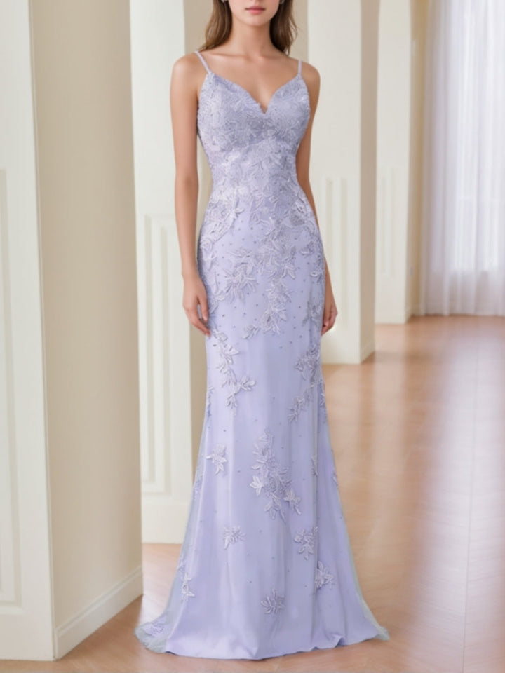 Sheath/Column V-Neck Lace Formal Dresses Sleeveless Floor-Length Formal Dresses Spaghetti Straps