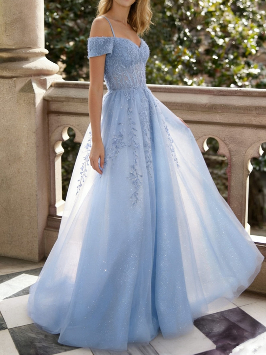 A-Line/Princess Tulle Sweetheart Formal Dresses Floor-Length Lace Spaghetti Straps Formal Dresses