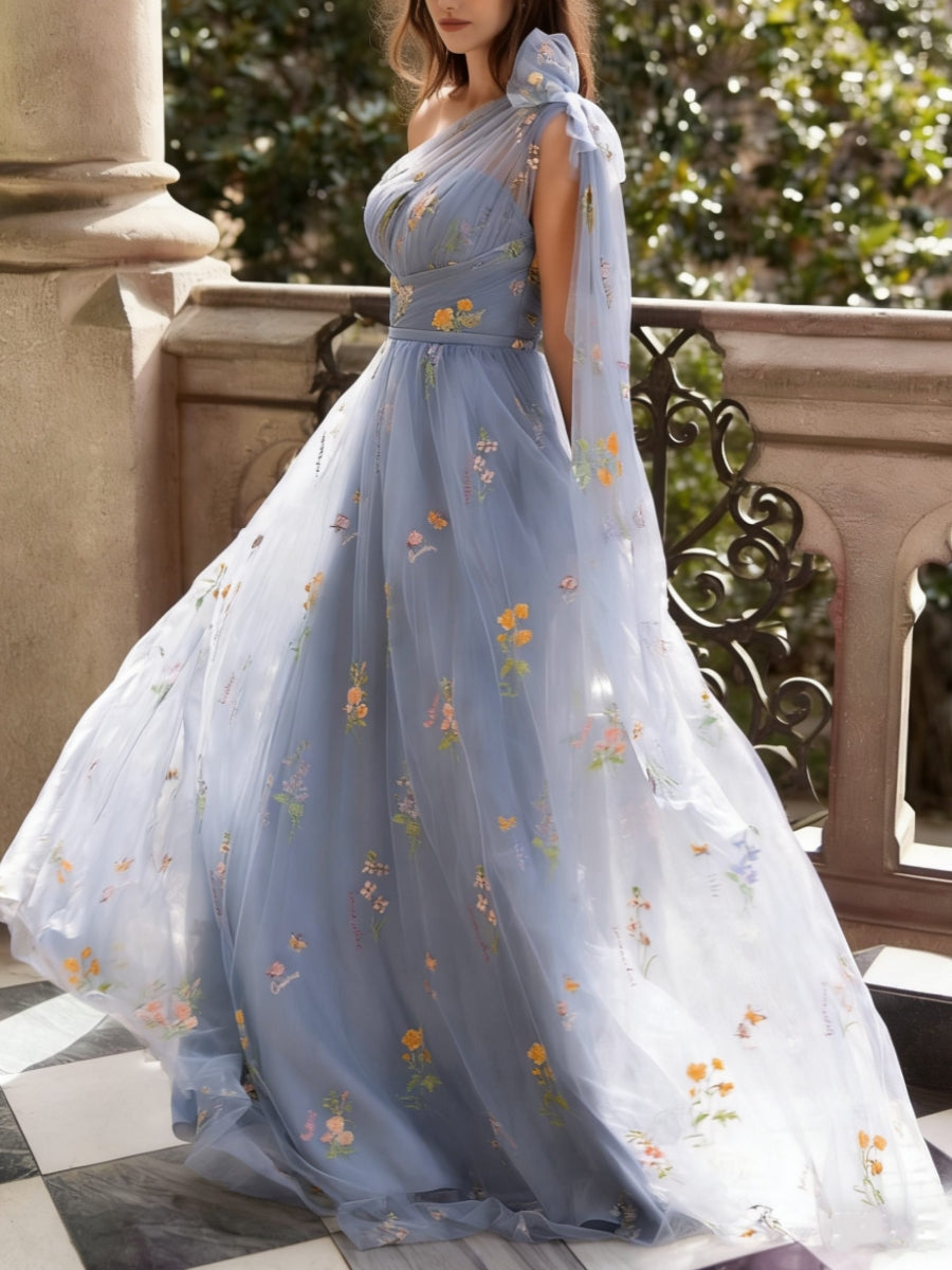 A-Line/Princess One-Shoulder Lace Formal Dresses Sleeveless Floor-Length Sweep/Brush Train Floral