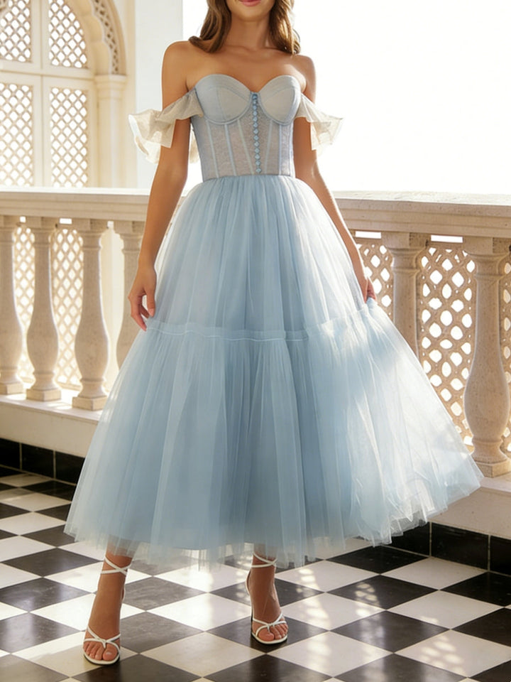 A-Line/Princess Sweetheart Tulle Formal Dresses Ruffle Sleeves Ankle-Length Formal Dresses