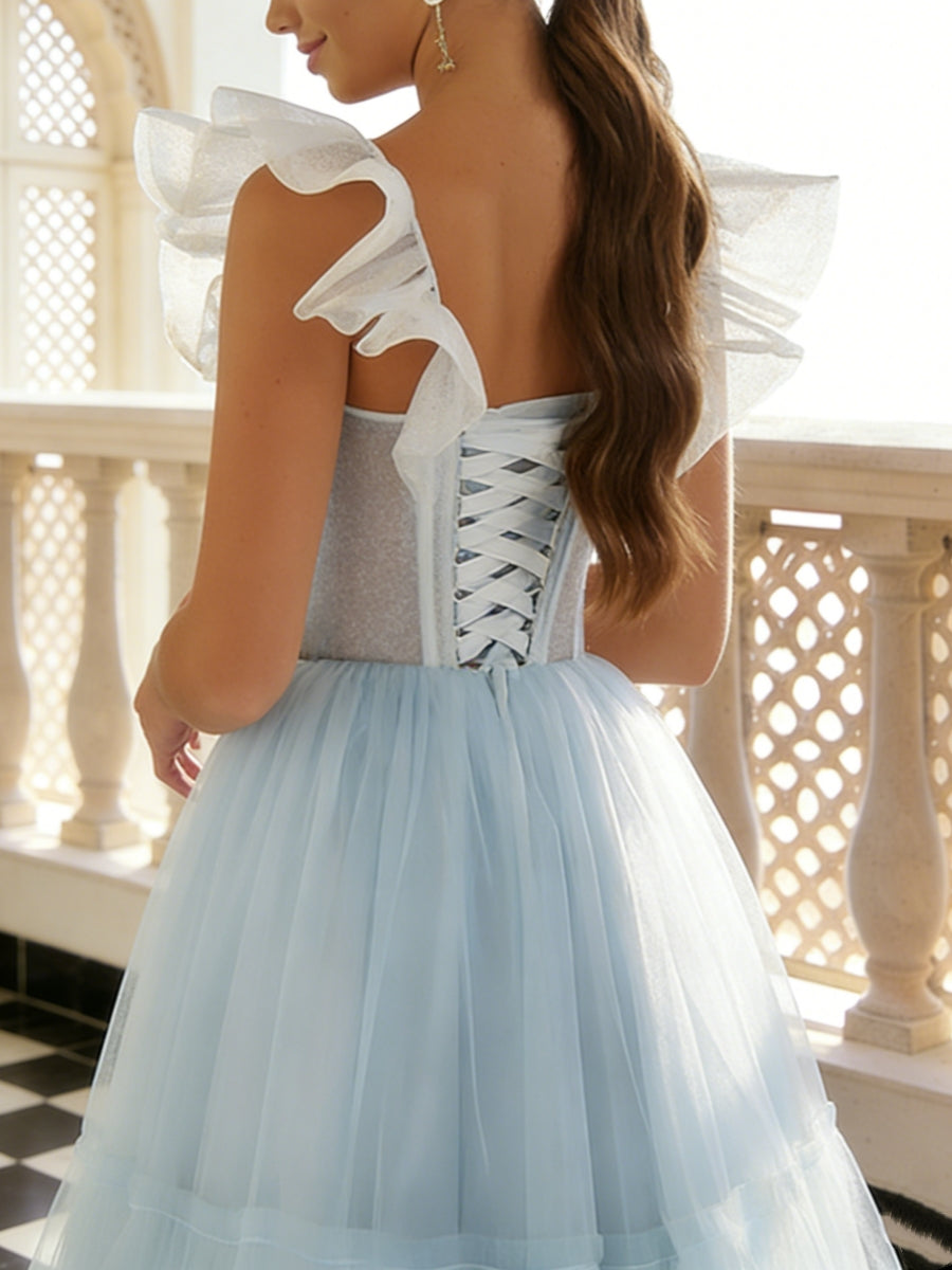 A-Line/Princess Sweetheart Tulle Formal Dresses Ruffle Sleeves Ankle-Length Formal Dresses