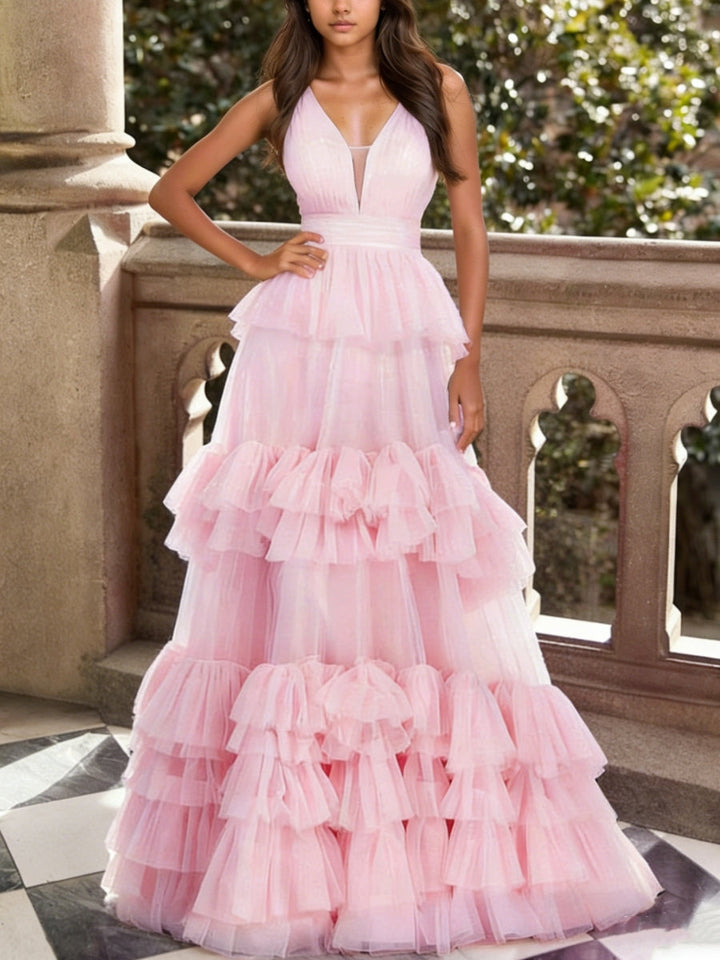 A-Line/Princess V-Neck Tulle Formal Dresses Ruffles Floor-Length Sleeveless Formal Dresses