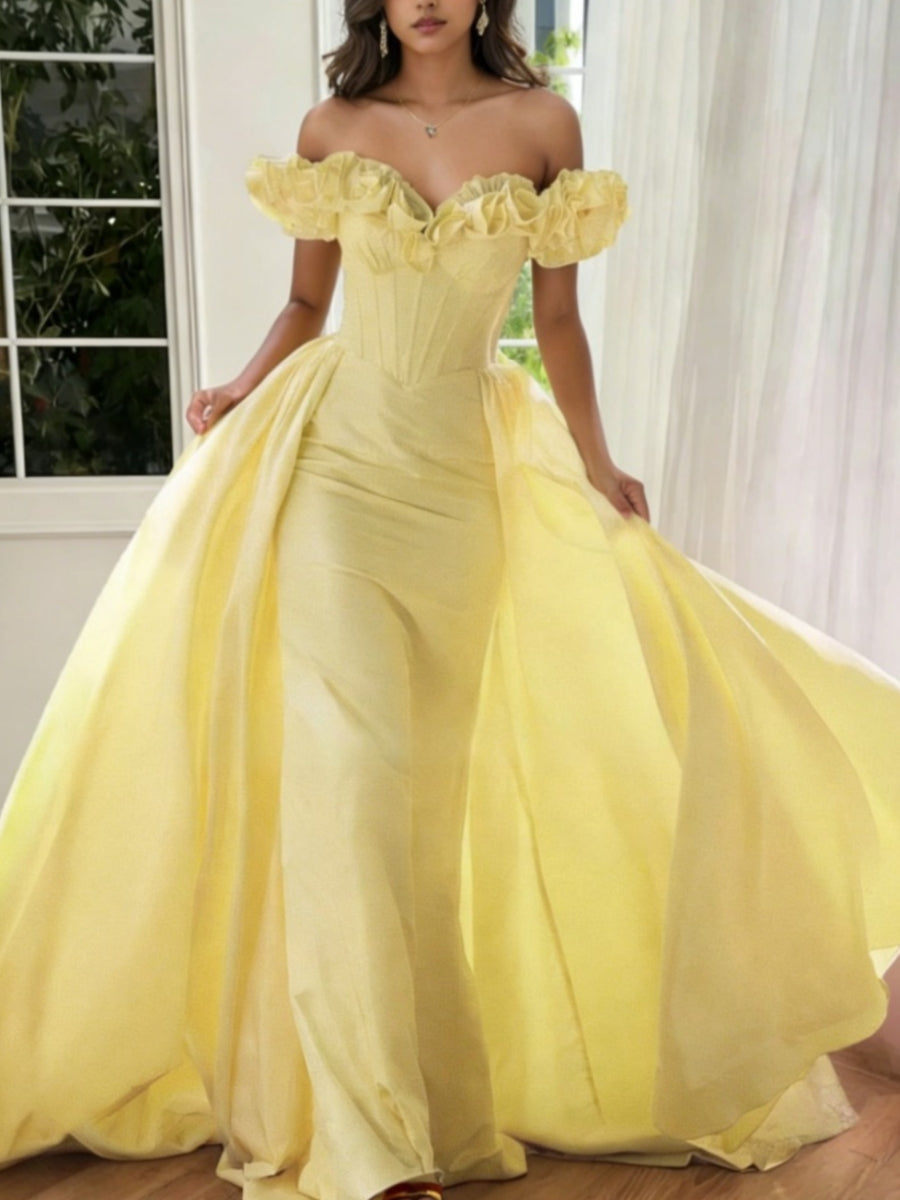 Sheath/Column Off-The-Shoulder Taffeta Formal Dresses Sleeveless Floor-Length Sweep/Brush Train Ruffle Flower