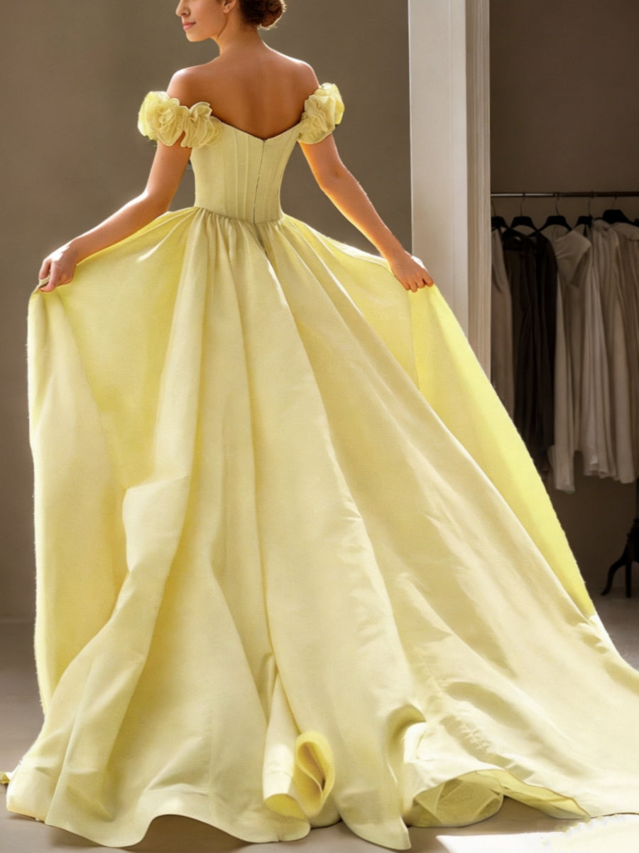 Sheath/Column Off-The-Shoulder Taffeta Formal Dresses Sleeveless Floor-Length Sweep/Brush Train Ruffle Flower