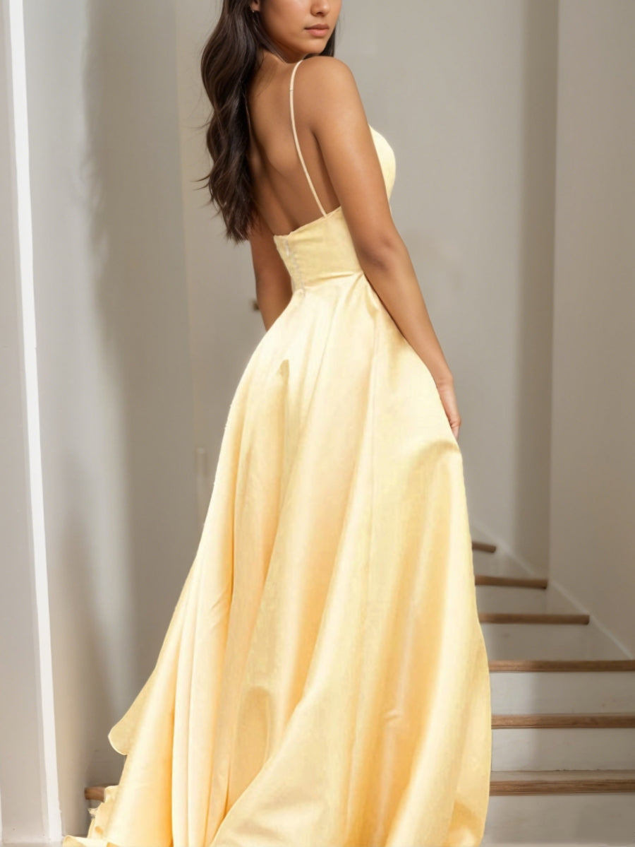 A-Line/Princess  V-Neck Satin Formal Dresses Spaghetti Straps Floor-Length Sweep Train Formal Dress