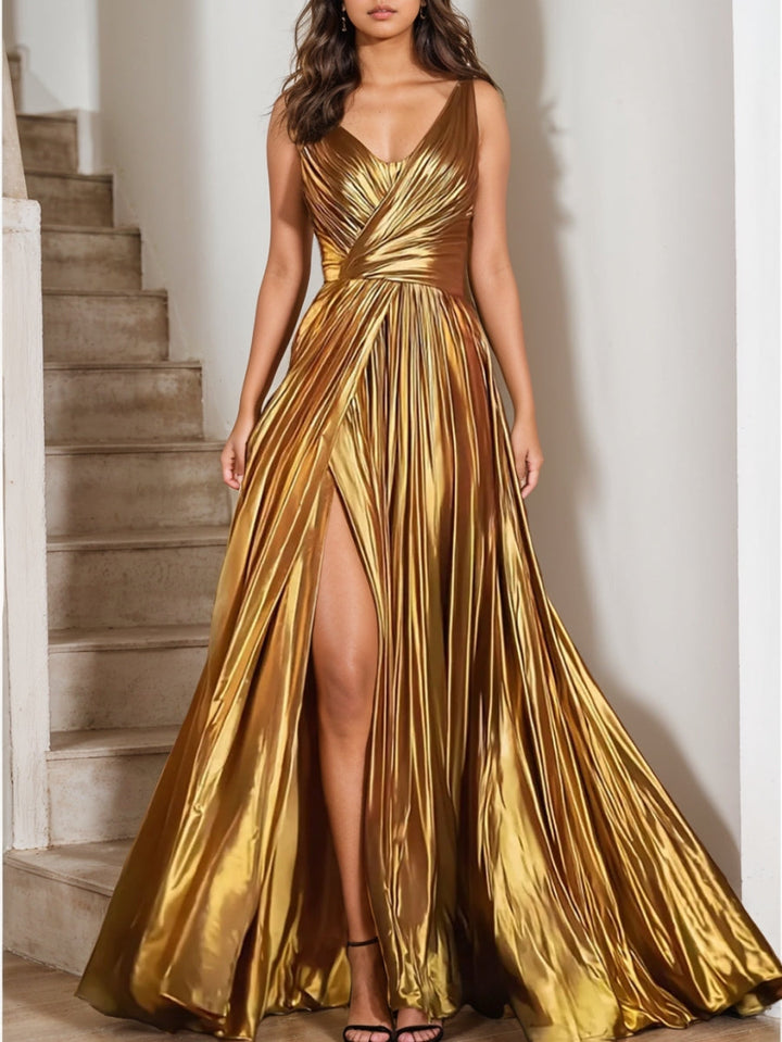 A-Line/Princess V-Neck Metallic Formal Dresses with Split Side Floor-Length Pleated Formal Dresses