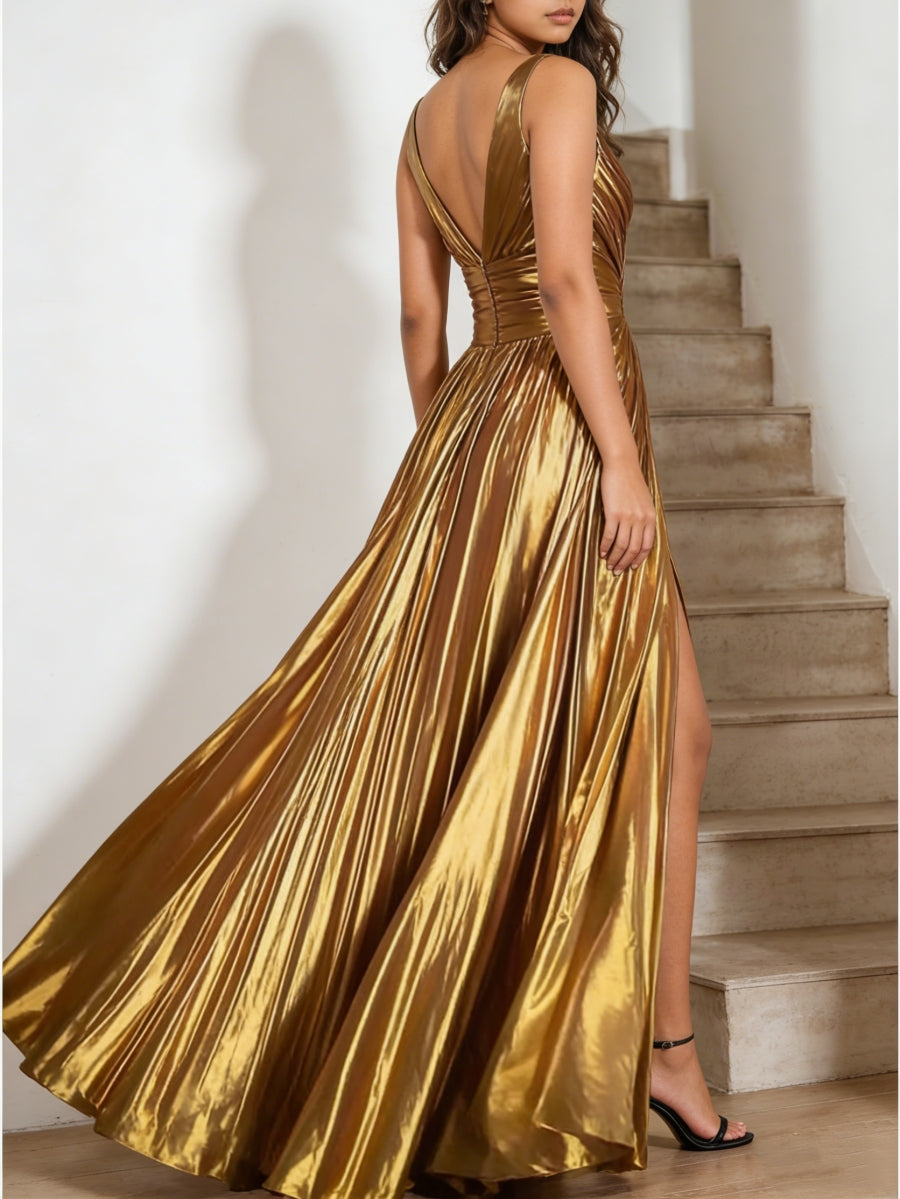 A-Line/Princess V-Neck Metallic Formal Dresses with Split Side Floor-Length Pleated Formal Dresses
