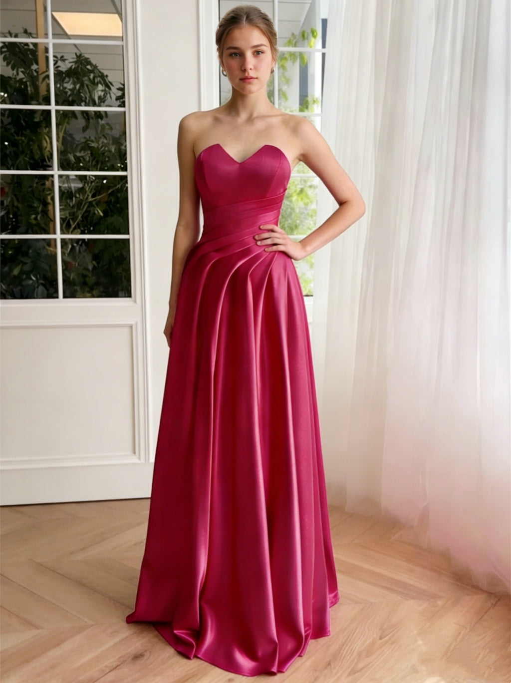 A-Line/Princess Strapless Satin Formal Dresses Floor-Length Sleeveless Ruffles Formal Dress