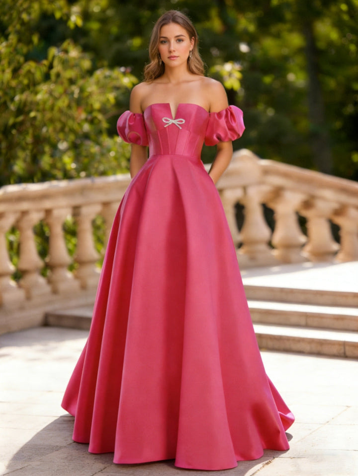 A-Line/Princess Strapless Satin Formal Dresses Detachable Sleeves Floor-Length Ruffles Formal Dress