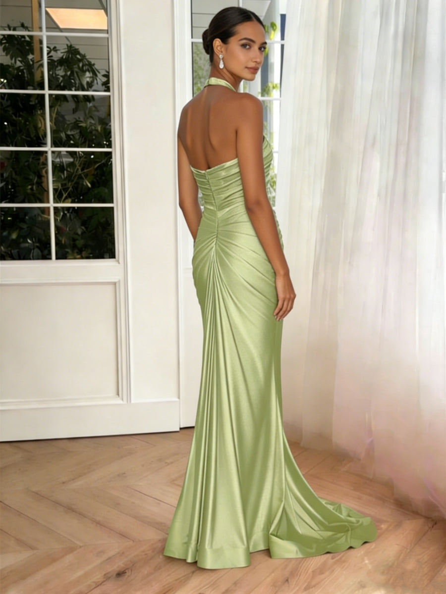 Sheath/Column Halter Silk Satin Formal Dresses with Split Side Ruched Floor-Length Sweep Train Sleeveless Formal Dress