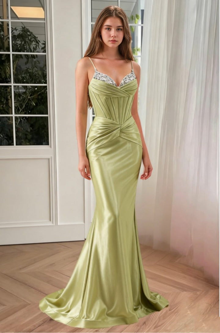 Trumpet/Mermaid Spaghetti Straps Silk Satin Formal Dresses Beading Floor-Length Sleeveless Formal Dress