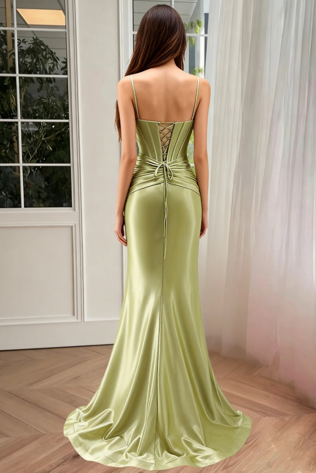 Trumpet/Mermaid Spaghetti Straps Silk Satin Formal Dresses Beading Floor-Length Sleeveless Formal Dress