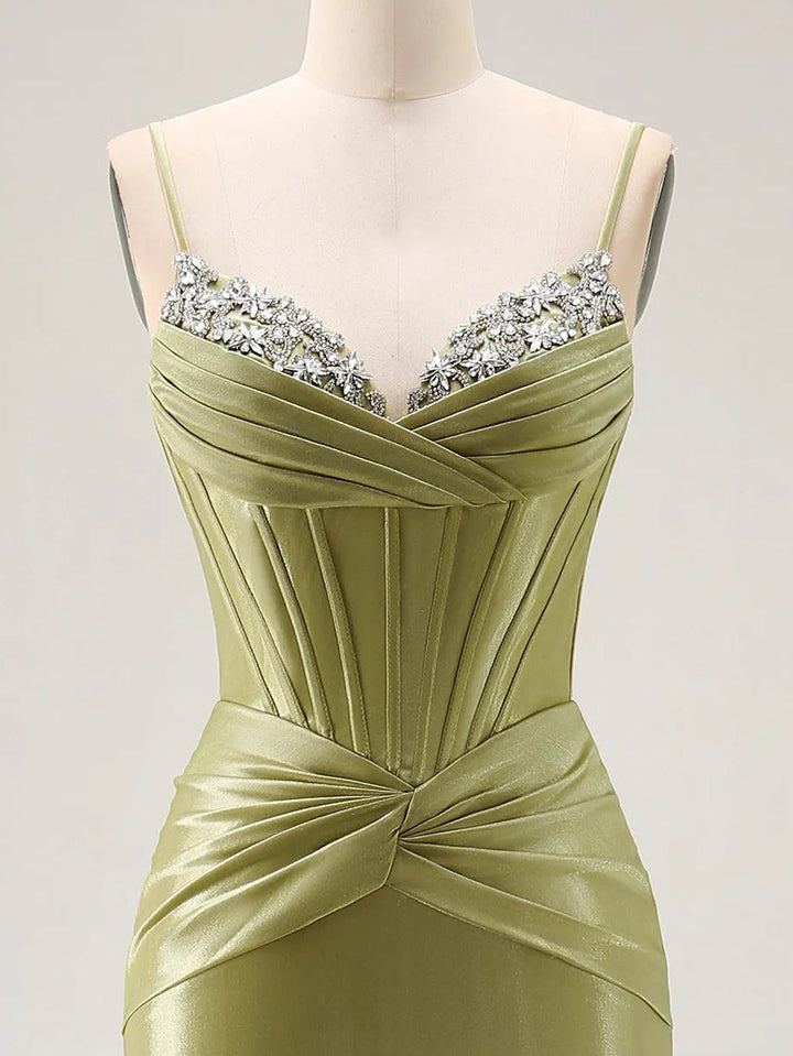 Trumpet/Mermaid Spaghetti Straps Silk Satin Formal Dresses Beading Floor-Length Sleeveless Formal Dress