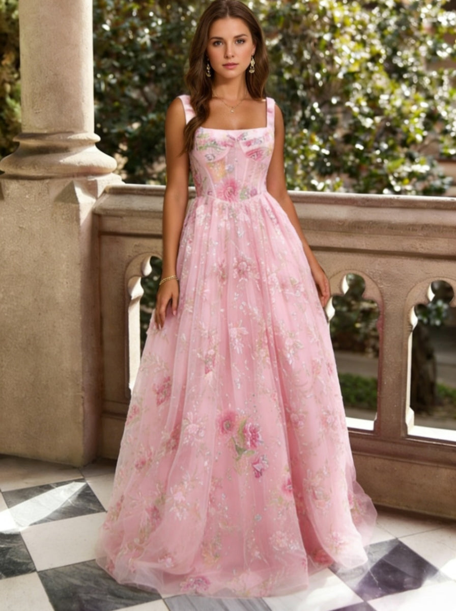 A-Line/Princess Square Collar Lace Formal Dresses Floor-Length Floral Formal Dresses