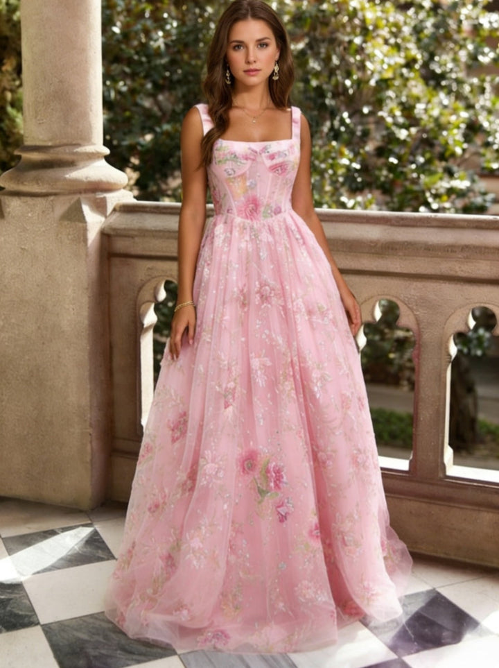 A-Line/Princess Square Collar Lace Formal Dresses Floor-Length Floral Formal Dresses