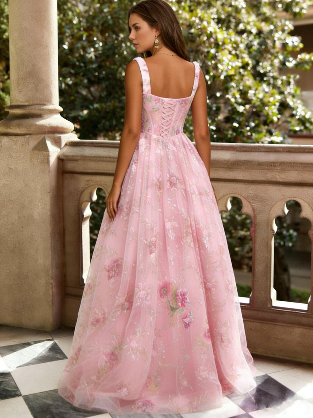 A-Line/Princess Square Collar Lace Formal Dresses Floor-Length Floral Formal Dresses