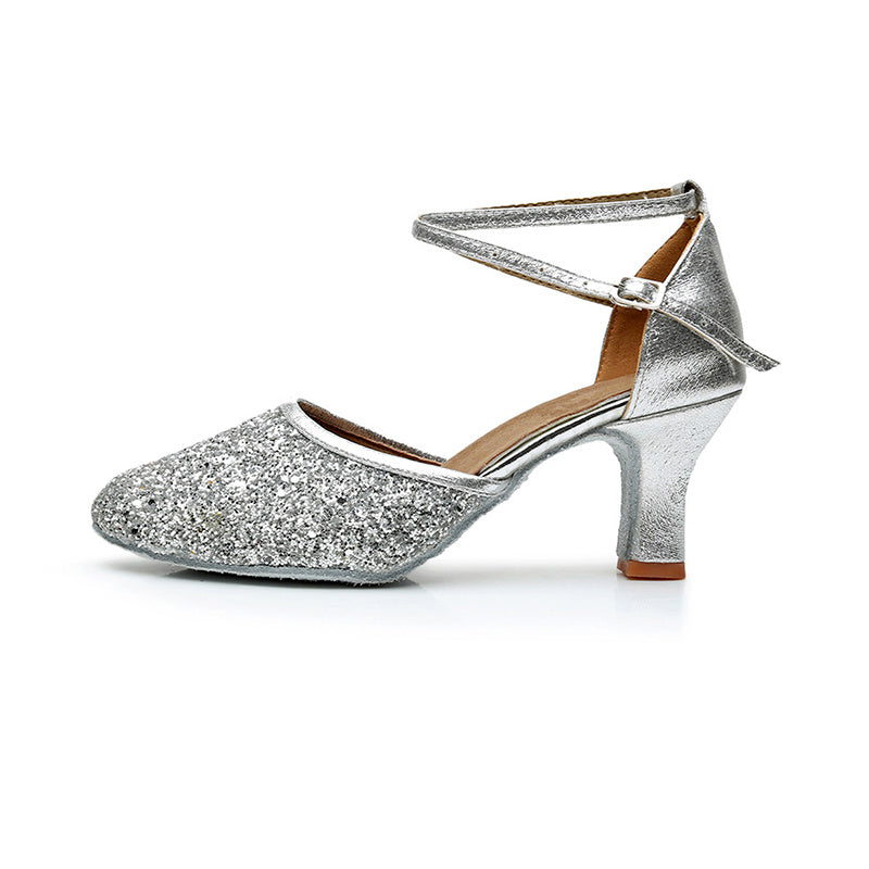 Women's Dancewear Shoes Ankle Strap Heel Round Toe Glitter Latin Shoes