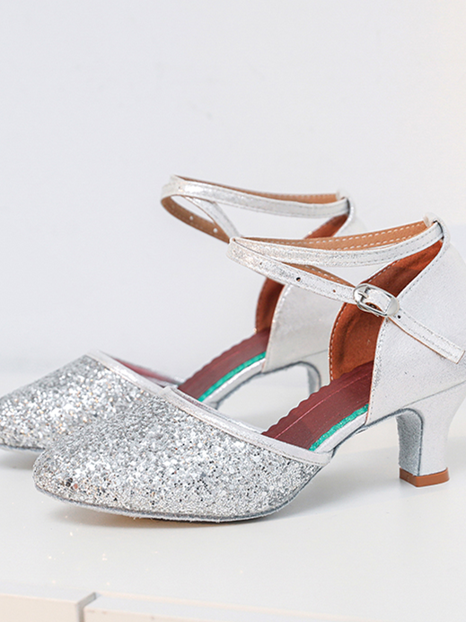 Women's Dancewear Shoes Buckle Glitter Low Heel Round Toe Latin Suede Dance Shoes