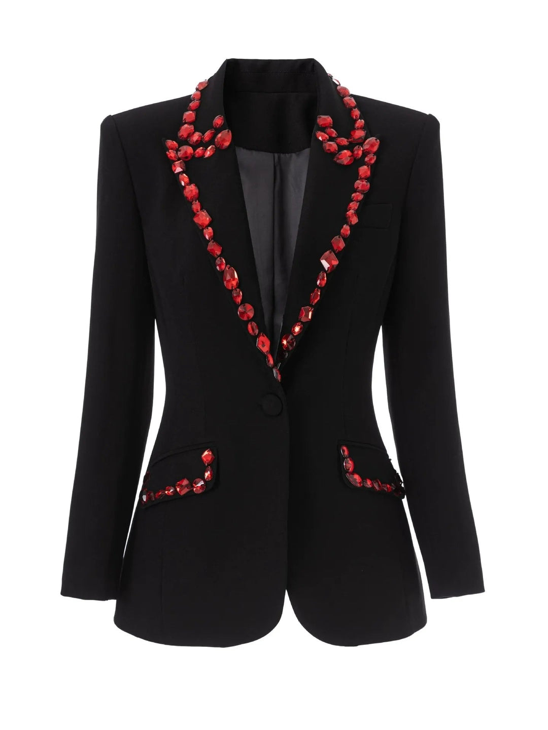 Women's Peaked Lapel Single Breasted One-button Long Sleeves Blazer with Red Rhinestones