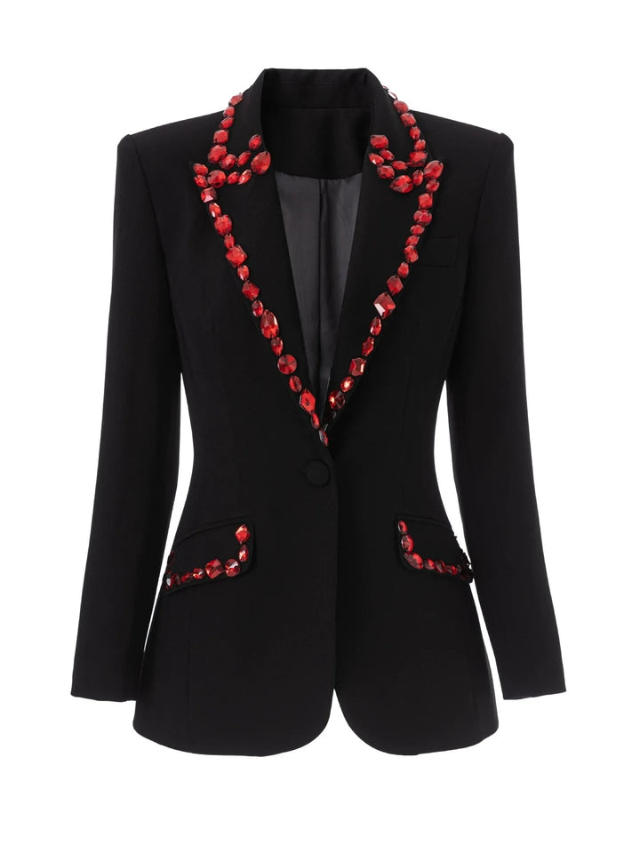 Women's Peaked Lapel Single Breasted One-button Long Sleeves Blazer with Red Rhinestones