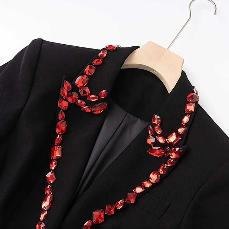 Women's Peaked Lapel Single Breasted One-button Long Sleeves Blazer with Red Rhinestones