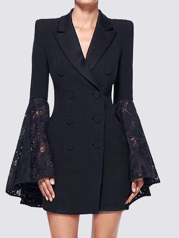 Women's Peaked Lapel Double-breasted Eight-button Lace Flared Sleeves Blazer Dresses