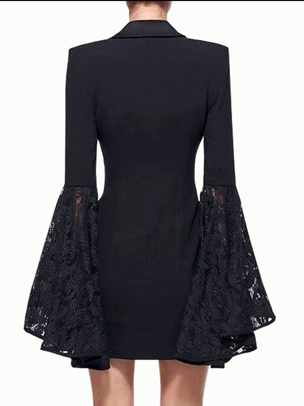 Women's Peaked Lapel Double-breasted Eight-button Lace Flared Sleeves Blazer Dresses
