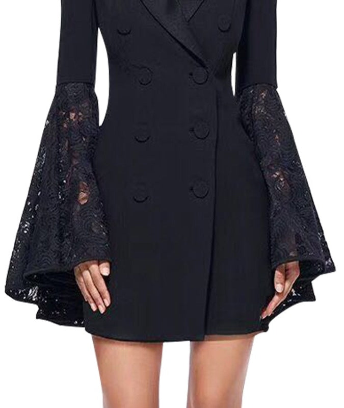 Women's Peaked Lapel Double-breasted Eight-button Lace Flared Sleeves Blazer Dresses