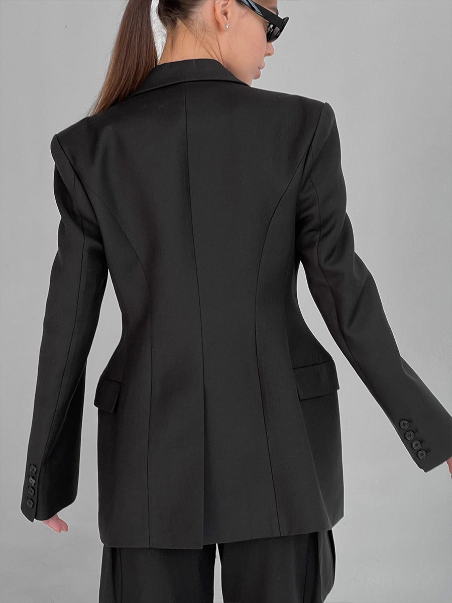 Women's Notched Lapel Black Single Breasted Two-button Long Sleeves Blazer