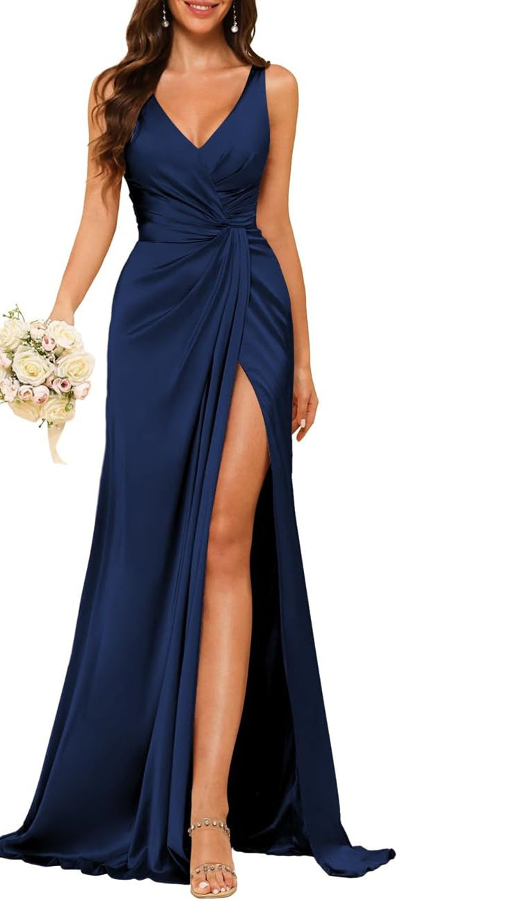 A-Line/Princess V Neck Sleeveless Floor-Length Bridesmaid Dresses with Split