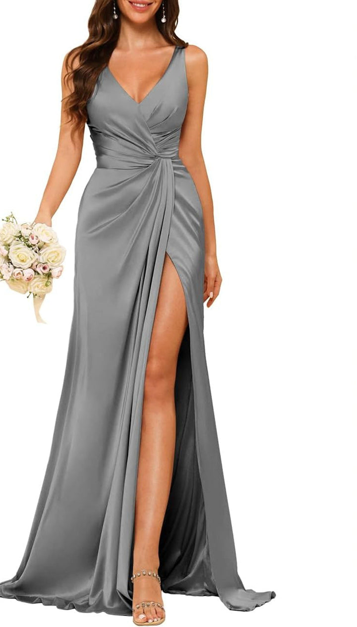 A-Line/Princess V Neck Sleeveless Floor-Length Bridesmaid Dresses with Split