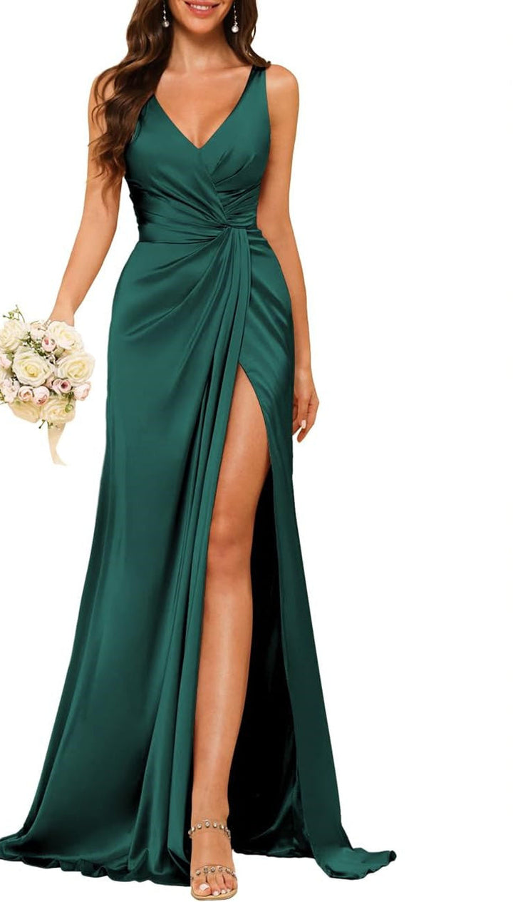 A-Line/Princess V Neck Sleeveless Floor-Length Bridesmaid Dresses with Split