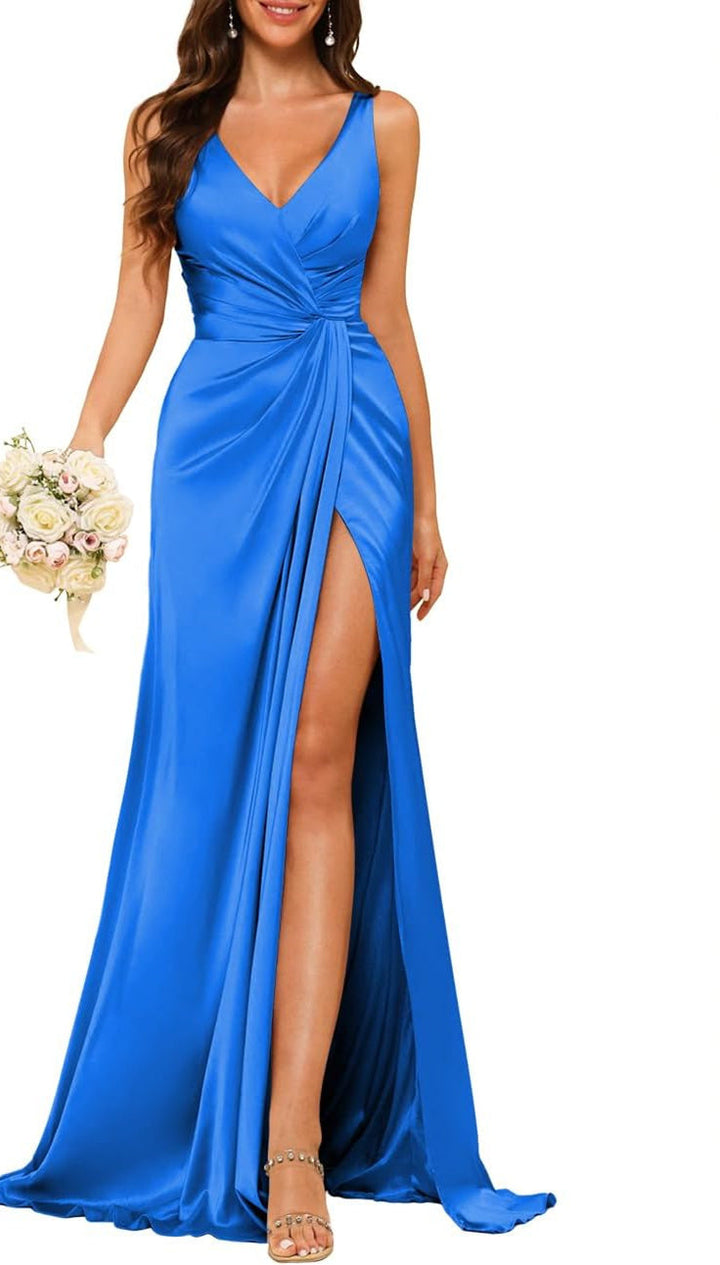 A-Line/Princess V Neck Sleeveless Floor-Length Bridesmaid Dresses with Split