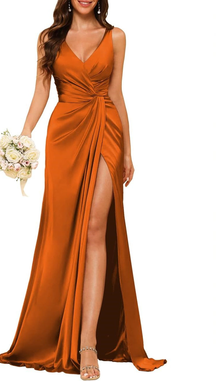 A-Line/Princess V Neck Sleeveless Floor-Length Bridesmaid Dresses with Split