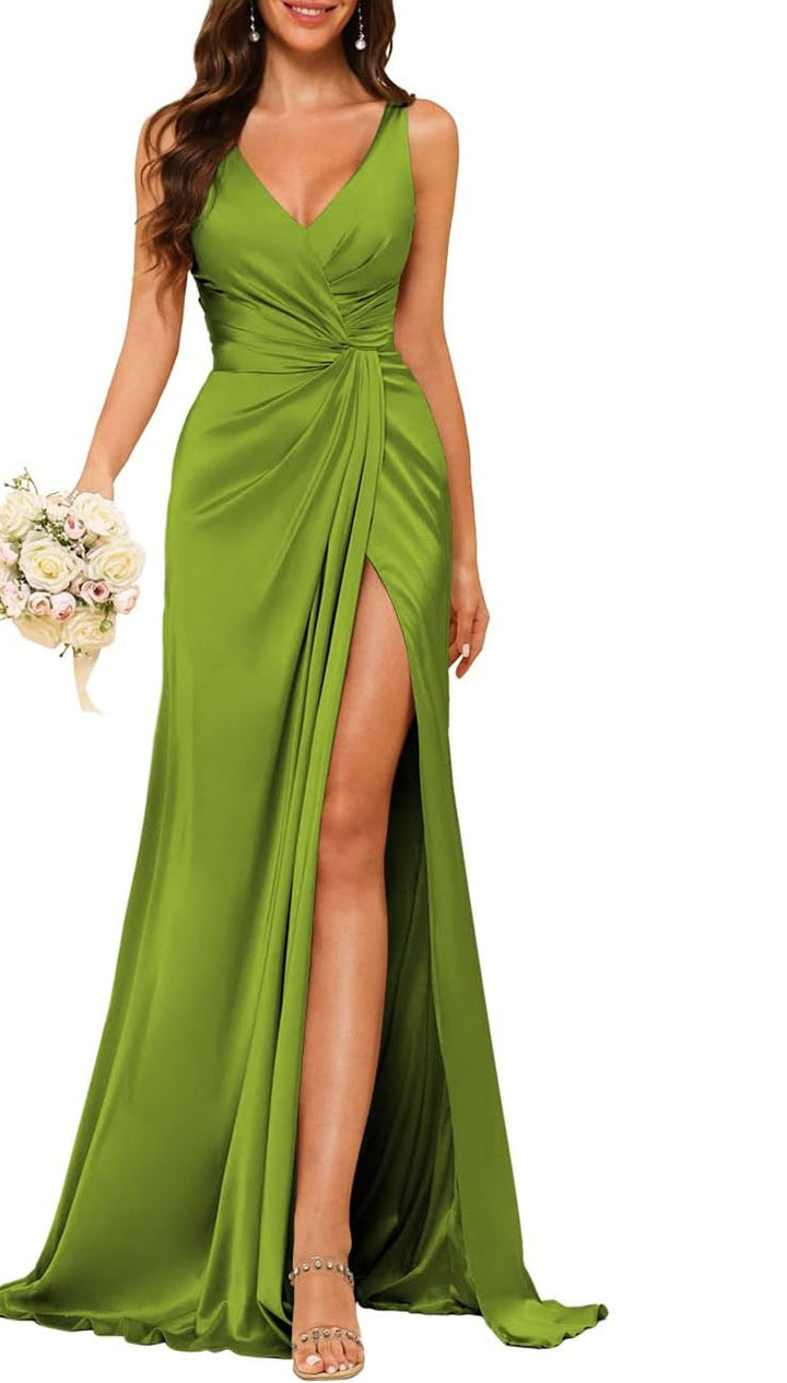 A-Line/Princess V Neck Sleeveless Floor-Length Bridesmaid Dresses with Split